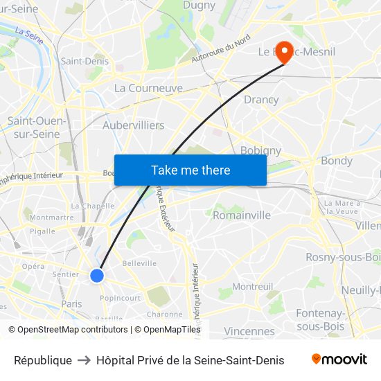 République to Hôpital Privé de la Seine-Saint-Denis map