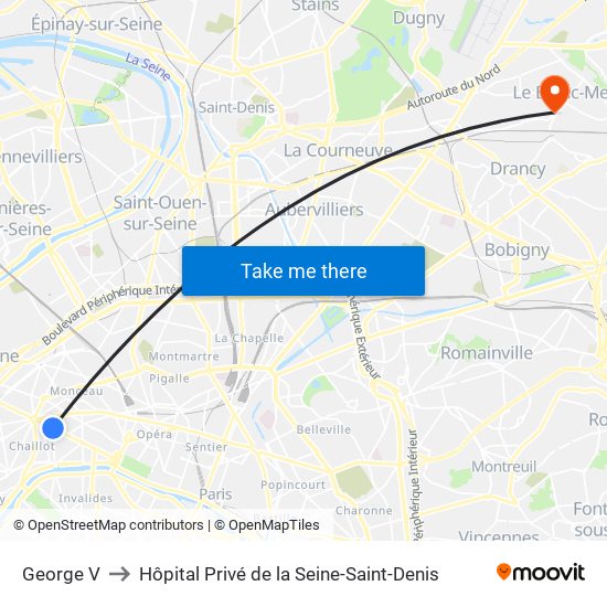 George V to Hôpital Privé de la Seine-Saint-Denis map