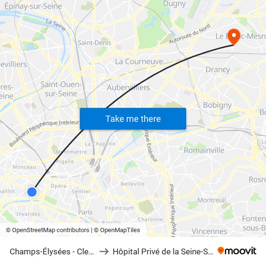 Champs-Élysées - Clemenceau to Hôpital Privé de la Seine-Saint-Denis map