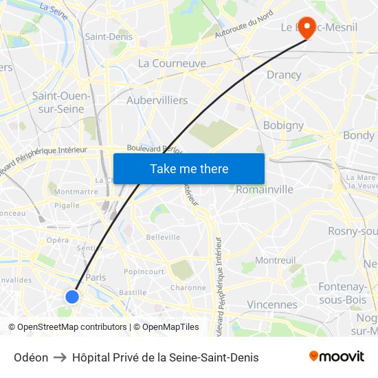Odéon to Hôpital Privé de la Seine-Saint-Denis map