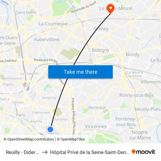 Reuilly - Diderot to Hôpital Privé de la Seine-Saint-Denis map