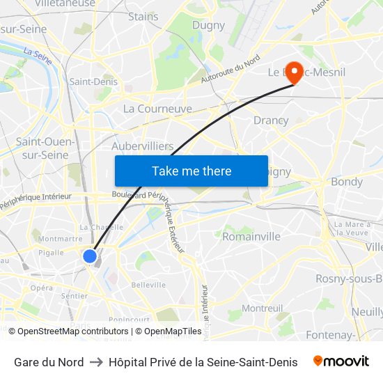 Gare du Nord to Hôpital Privé de la Seine-Saint-Denis map