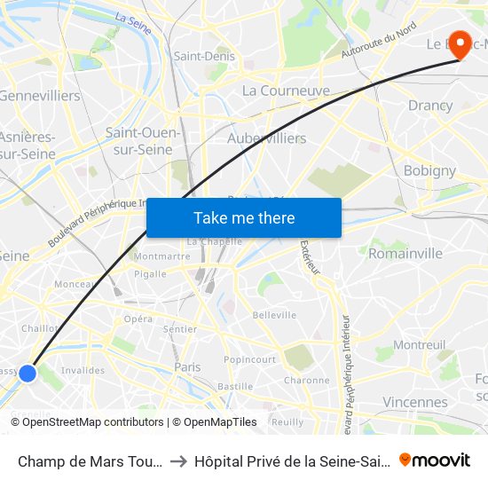 Champ de Mars Tour Eiffel to Hôpital Privé de la Seine-Saint-Denis map