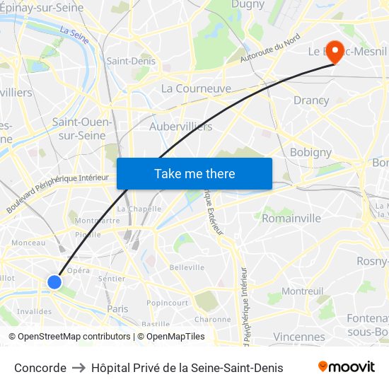Concorde to Hôpital Privé de la Seine-Saint-Denis map