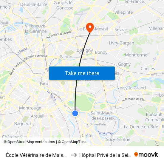 École Vétérinaire de Maisons-Alfort - Métro to Hôpital Privé de la Seine-Saint-Denis map