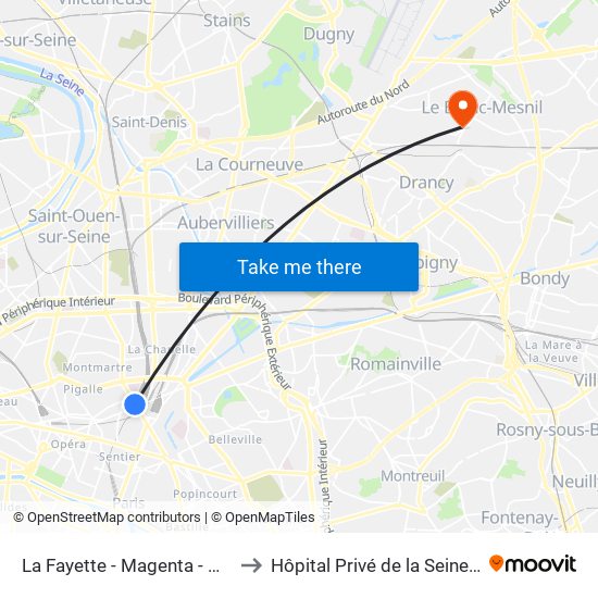 La Fayette - Magenta - Gare du Nord to Hôpital Privé de la Seine-Saint-Denis map