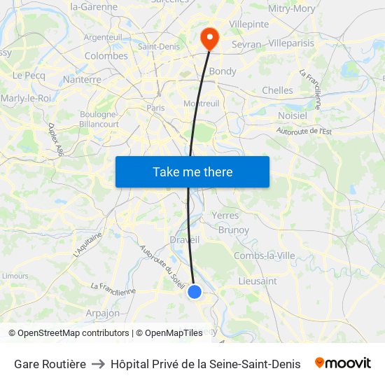 Gare Routière to Hôpital Privé de la Seine-Saint-Denis map