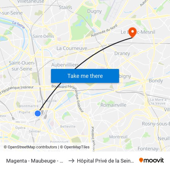 Magenta - Maubeuge - Gare du Nord to Hôpital Privé de la Seine-Saint-Denis map