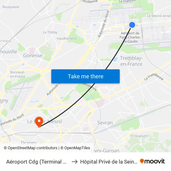 Aéroport Cdg (Terminal 3 – Roissypôle) to Hôpital Privé de la Seine-Saint-Denis map