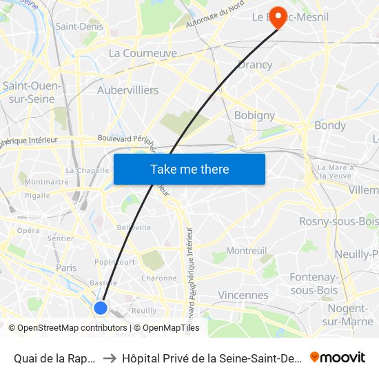Quai de la Rapée to Hôpital Privé de la Seine-Saint-Denis map
