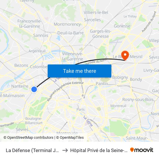 La Défense (Terminal Jules Verne) to Hôpital Privé de la Seine-Saint-Denis map
