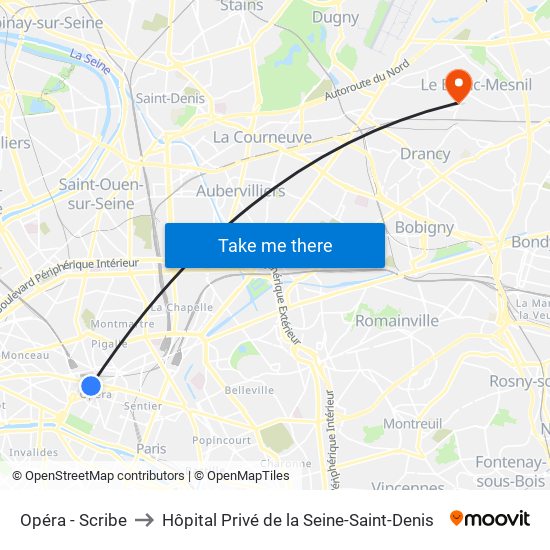 Opéra - Scribe to Hôpital Privé de la Seine-Saint-Denis map