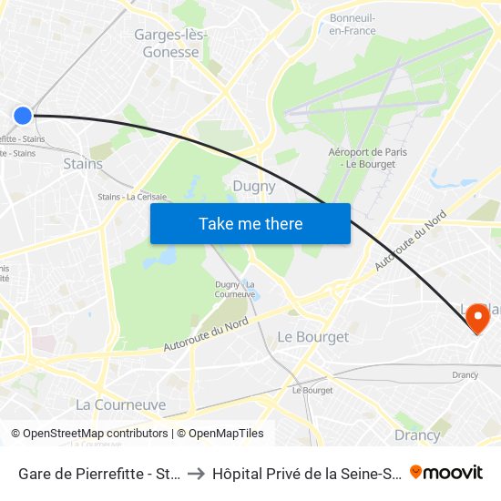 Gare de Pierrefitte - Stains RER to Hôpital Privé de la Seine-Saint-Denis map