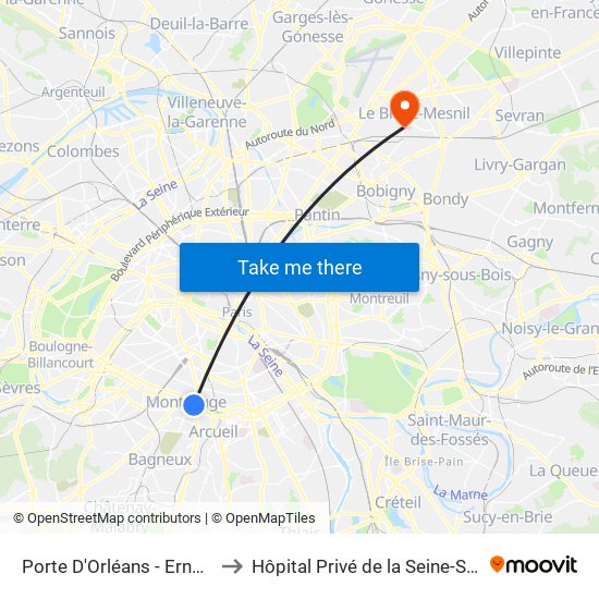 Porte D'Orléans - Ernest Reyer to Hôpital Privé de la Seine-Saint-Denis map