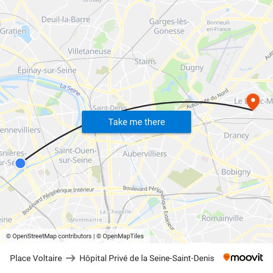 Place Voltaire to Hôpital Privé de la Seine-Saint-Denis map