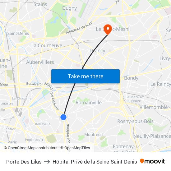 Porte Des Lilas to Hôpital Privé de la Seine-Saint-Denis map