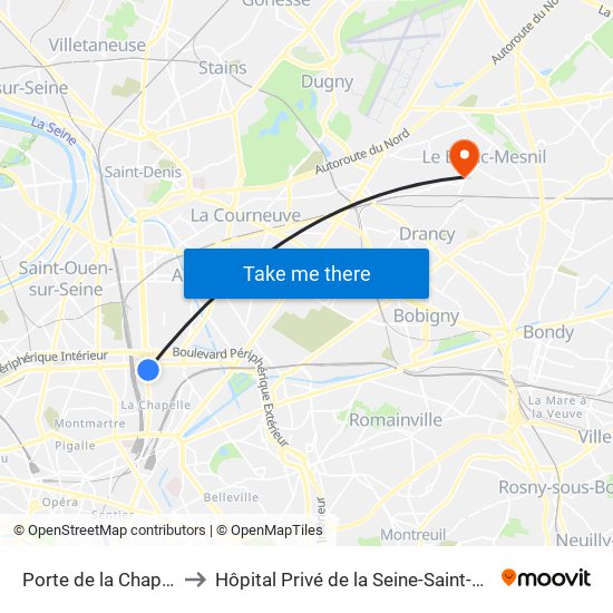 Porte de la Chapelle to Hôpital Privé de la Seine-Saint-Denis map