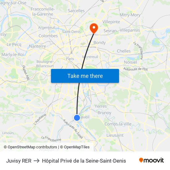 Juvisy RER to Hôpital Privé de la Seine-Saint-Denis map