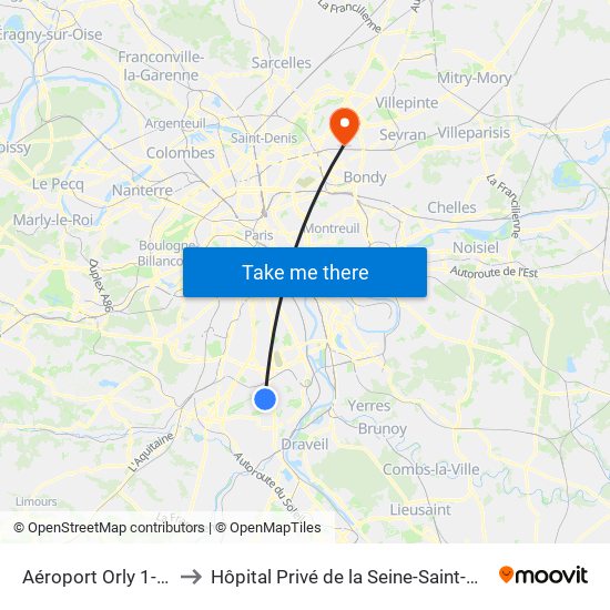 Aéroport Orly 1-2-3 to Hôpital Privé de la Seine-Saint-Denis map