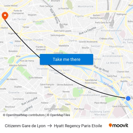 Citizenm Gare de Lyon to Hyatt Regency Paris Etoile map