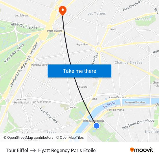Eiffel Tower to Hyatt Regency Paris Etoile map