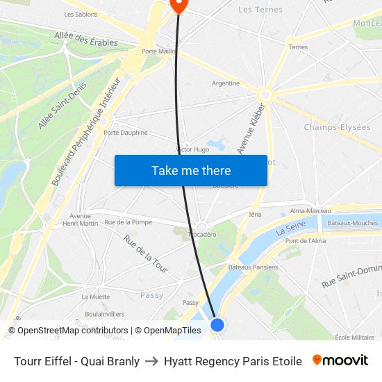 Tourr Eiffel - Quai Branly to Hyatt Regency Paris Etoile map