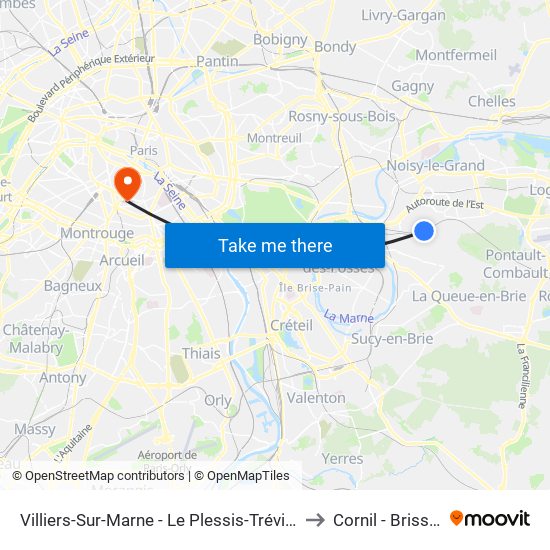 Villiers-Sur-Marne - Le Plessis-Trévise RER to Cornil - Brissaud map
