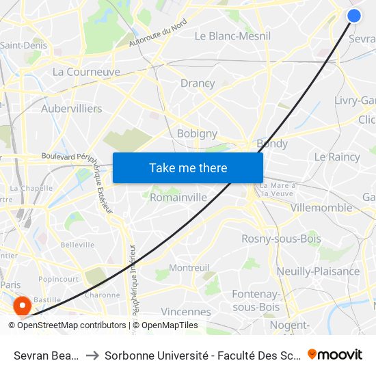 Sevran Beaudottes to Sorbonne Université - Faculté Des Sciences Et Ingénierie map