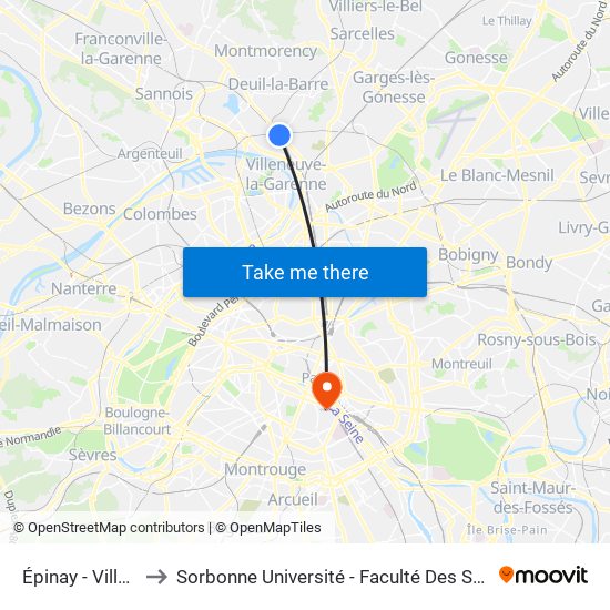 Épinay - Villetaneuse to Sorbonne Université - Faculté Des Sciences Et Ingénierie map