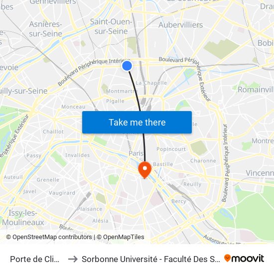 Porte de Clignancourt to Sorbonne Université - Faculté Des Sciences Et Ingénierie map