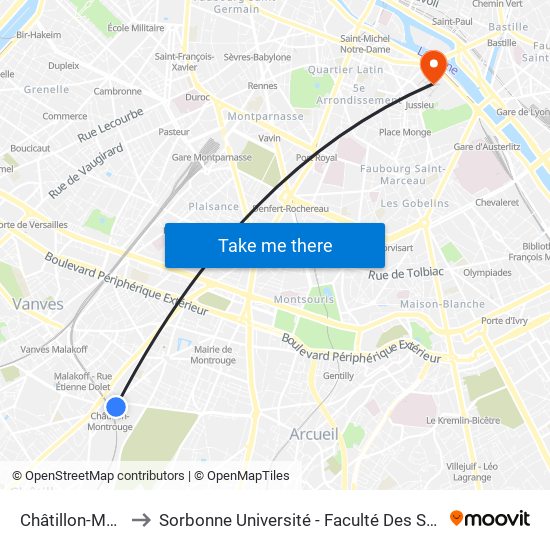 Châtillon-Montrouge to Sorbonne Université - Faculté Des Sciences Et Ingénierie map