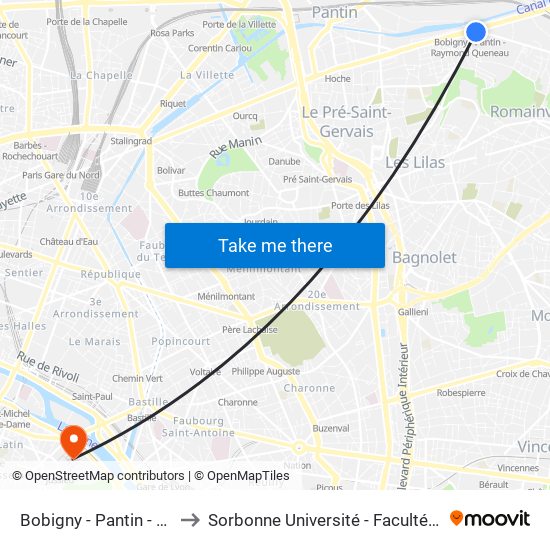 Bobigny - Pantin - Raymond Queneau to Sorbonne Université - Faculté Des Sciences Et Ingénierie map