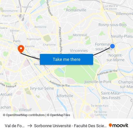 Val de Fontenay to Sorbonne Université - Faculté Des Sciences Et Ingénierie map