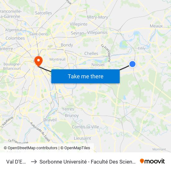 Val D'Europe to Sorbonne Université - Faculté Des Sciences Et Ingénierie map