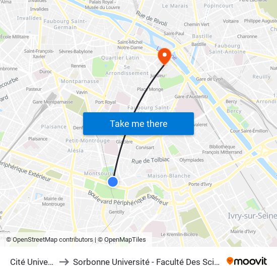 Cité Universitaire to Sorbonne Université - Faculté Des Sciences Et Ingénierie map