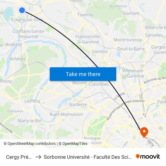 Cergy Préfecture to Sorbonne Université - Faculté Des Sciences Et Ingénierie map