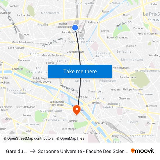 Gare du Nord to Sorbonne Université - Faculté Des Sciences Et Ingénierie map