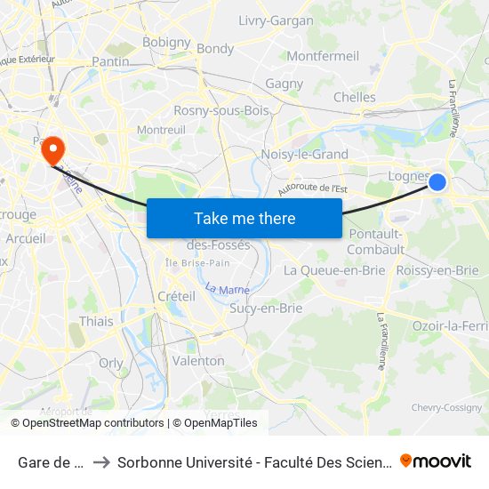 Gare de Torcy to Sorbonne Université - Faculté Des Sciences Et Ingénierie map