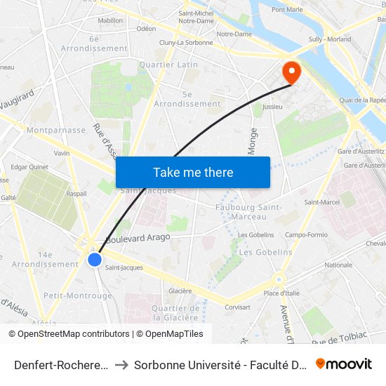 Denfert-Rochereau - Métro-Rer to Sorbonne Université - Faculté Des Sciences Et Ingénierie map