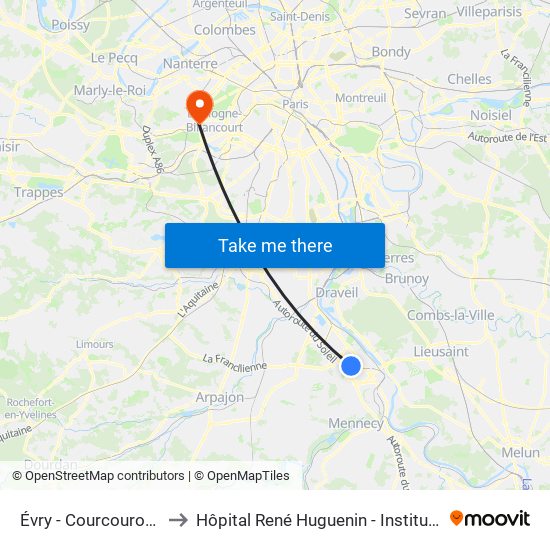 Évry - Courcouronnes to Hôpital René Huguenin - Institut Curie map