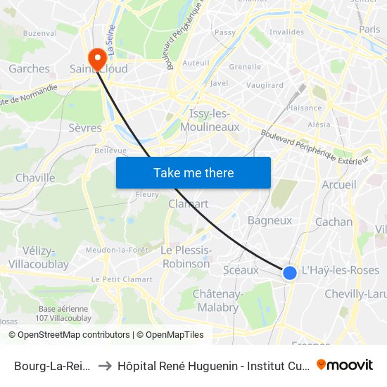 Bourg-La-Reine to Hôpital René Huguenin - Institut Curie map