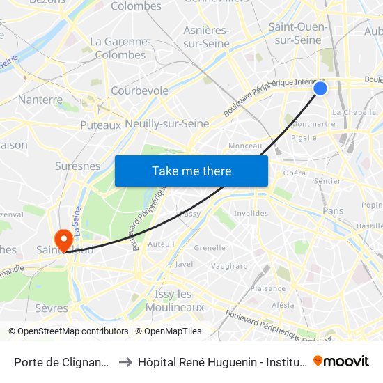 Porte de Clignancourt to Hôpital René Huguenin - Institut Curie map