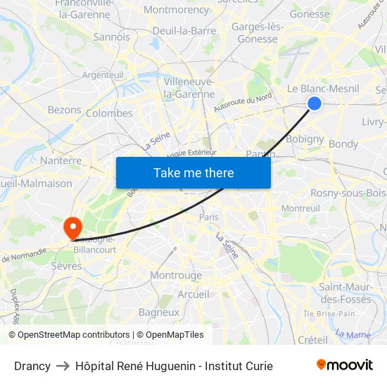 Drancy to Hôpital René Huguenin - Institut Curie map