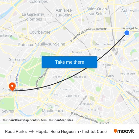 Rosa Parks to Hôpital René Huguenin - Institut Curie map