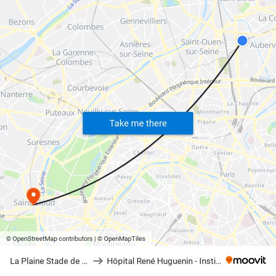 La Plaine Stade de France to Hôpital René Huguenin - Institut Curie map