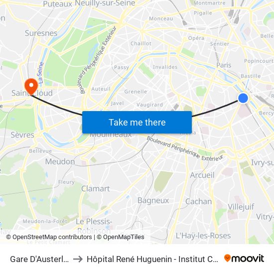 Gare D'Austerlitz to Hôpital René Huguenin - Institut Curie map