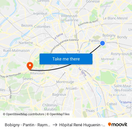 Bobigny - Pantin - Raymond Queneau to Hôpital René Huguenin - Institut Curie map