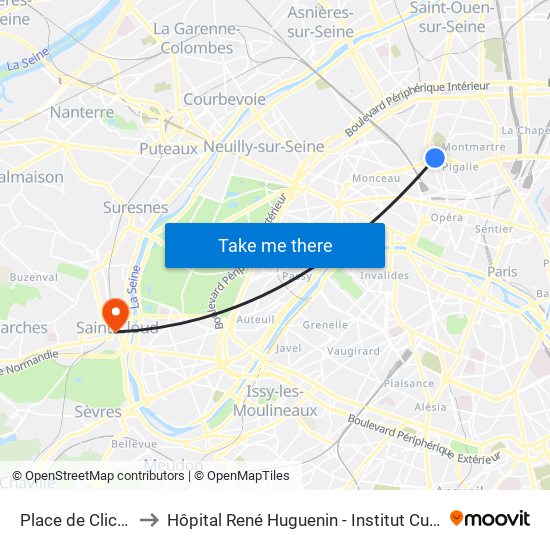 Place de Clichy to Hôpital René Huguenin - Institut Curie map