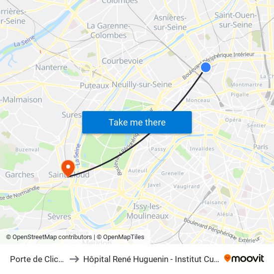 Porte de Clichy to Hôpital René Huguenin - Institut Curie map