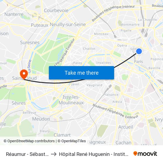 Réaumur - Sébastopol to Hôpital René Huguenin - Institut Curie map